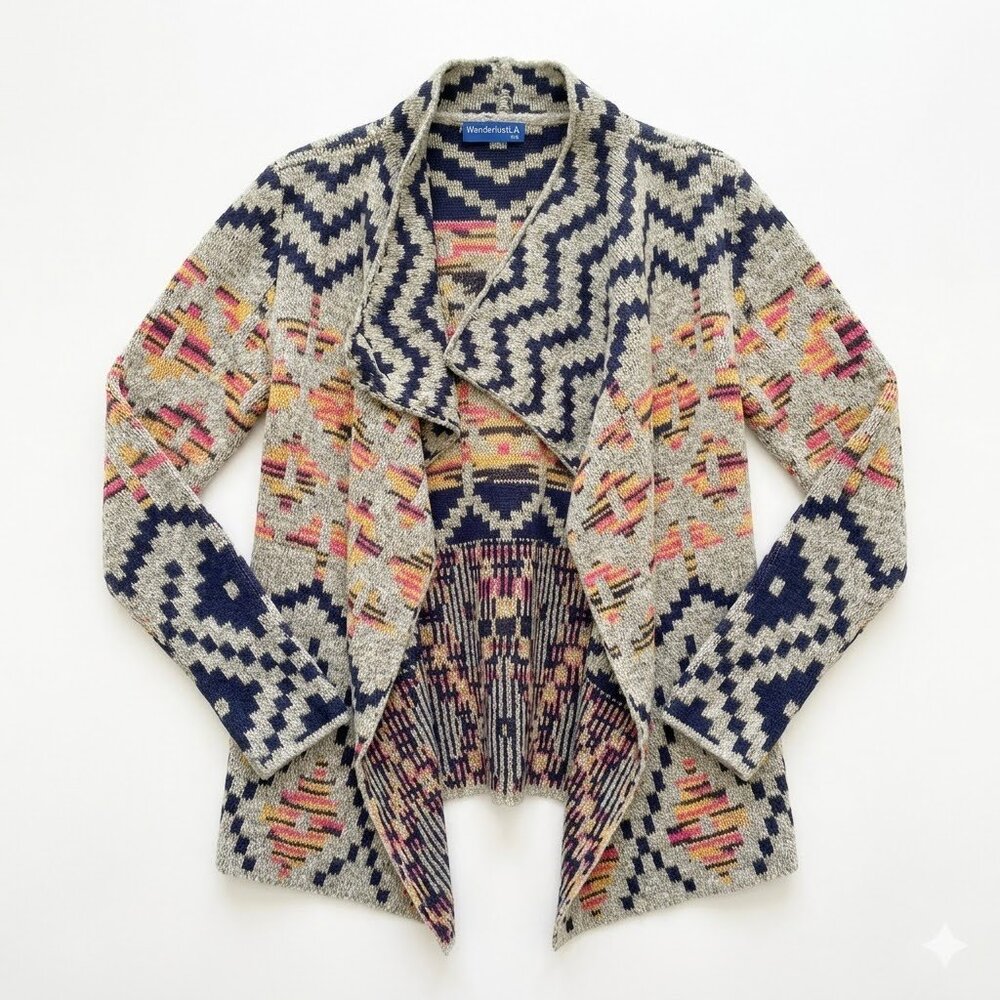 WONDERLUST LA Open Front Cardigan S/M Aztec Geometric Knit Boho Coastal Cowgirl